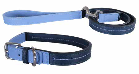 Baby Blue/Navy Leather Collar 10-14&quot;